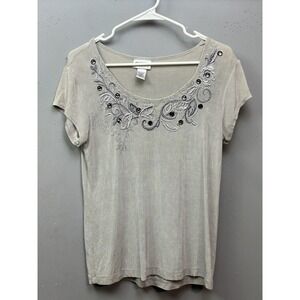 Chicos Travelers Shirt Womens Size 1 Gray Embellished Scoop Neck Beaded Top